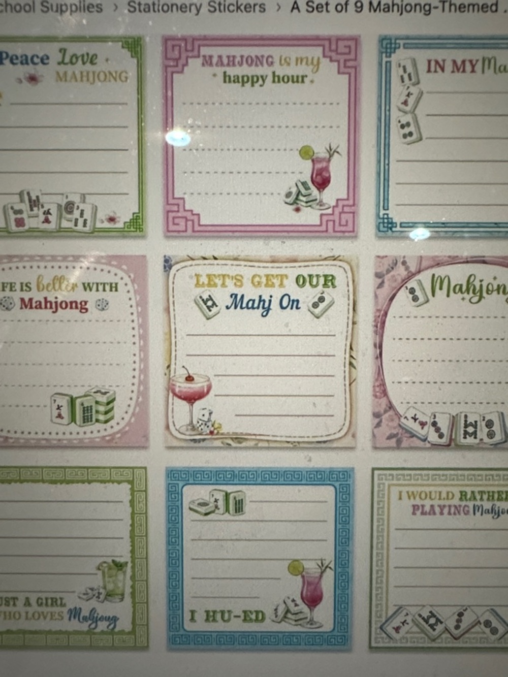 Mahjong-Themed Note sticky pads Pink, Blue, Green Variety , set of nine